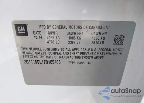 2015 Chevrolet Impala 1Lt из США, поврежденный, VIN 2G1115SL1F9165486